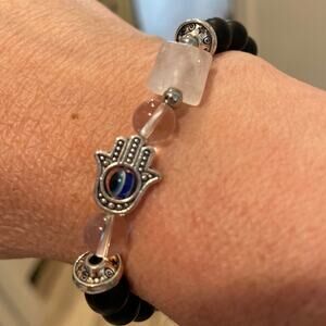 Black Obsidian and Clear Quartz Pyramid with Hamsa Crystal Bracelet